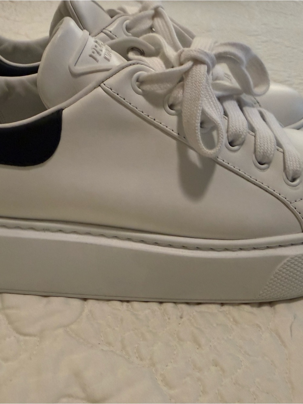 Prada White Leather Platform Sneakers with Black Heel Tab